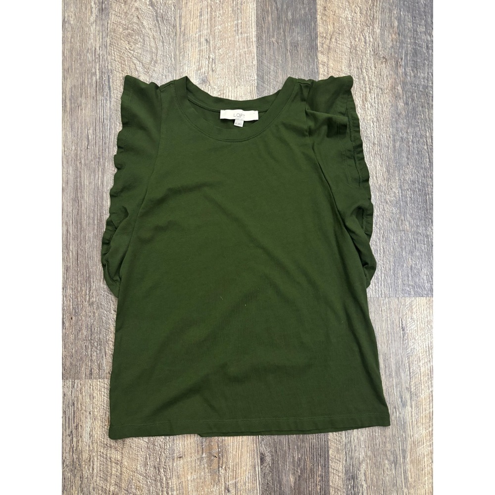 Loft Womens Olive Green Ruffle Sleeve Tank Top Crew Neck Size XS - Picture 2 of 5